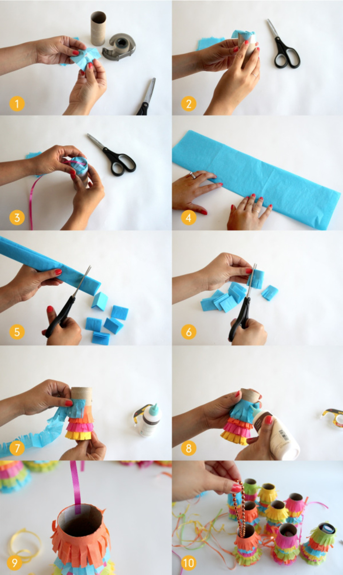 un tuto étape par étape pour réaliser un mini-pinata en rouleau papier toilette à remplir avec des bonbons et petits jouets 