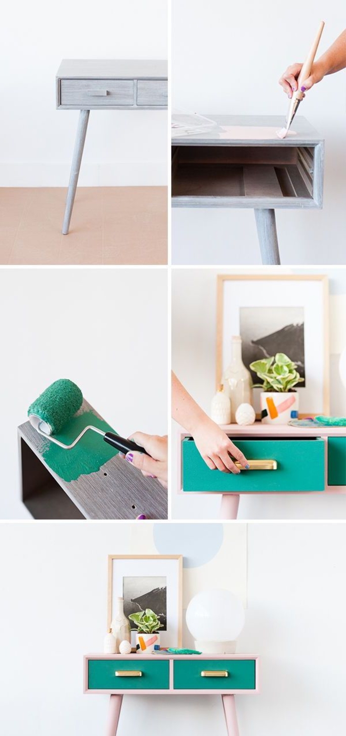 comment repeindre une table en bois pour lui donner un joli aspect vintage, table d'entrée en couleurs pastel