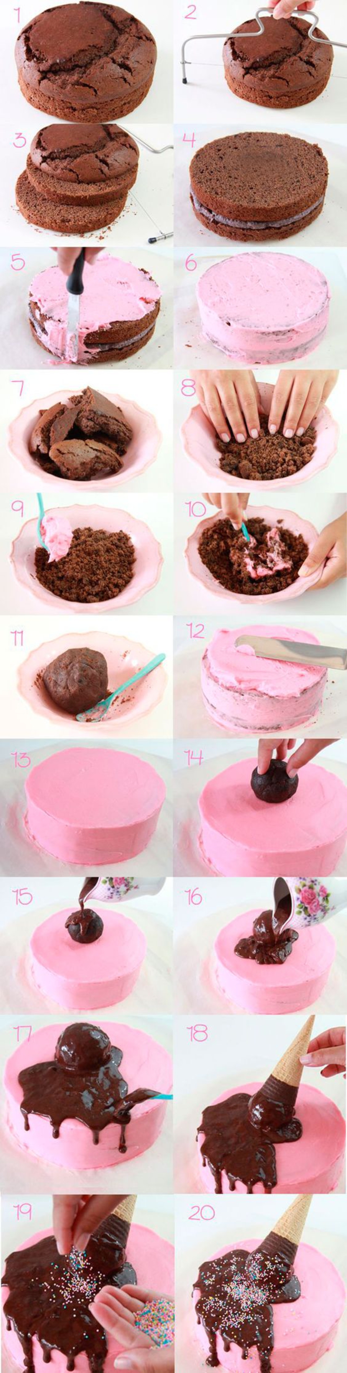 un tuto facile pour réaliser un gâteau dégoulinant décoré de cornet de glace, idée pour une décoration anniversaire originale