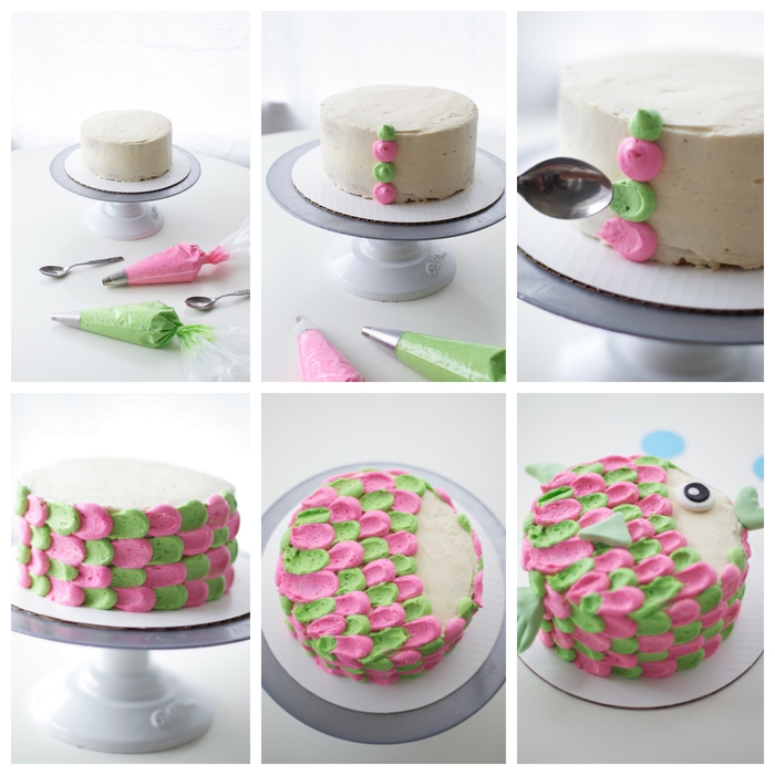 idée géniale pour réaliser une décoration anniversaire au glaçage coloré sur un gâteau d'anniversaire poisson