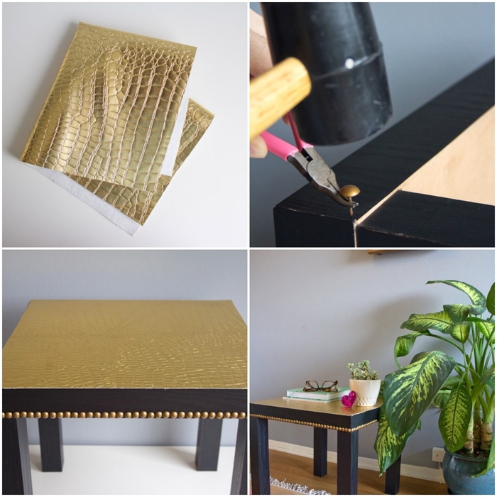 tuto de relooking meuble à l'aide de tissu simili cuir, table ikea basique personnalisée aux accents dorés