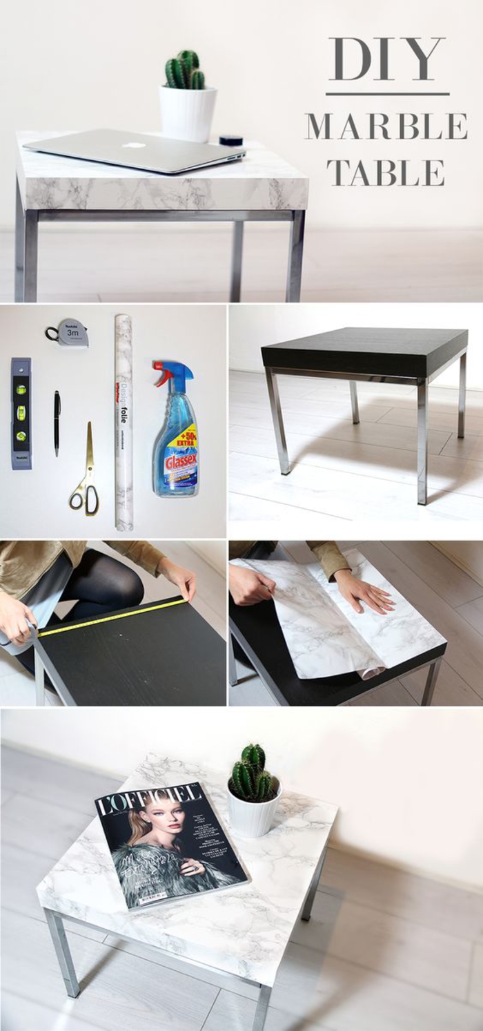 tuto facile pour transformer une table basse ikea basique en meuble tendance à effet marbre, comment relooker un meuble avec du papier adhésif