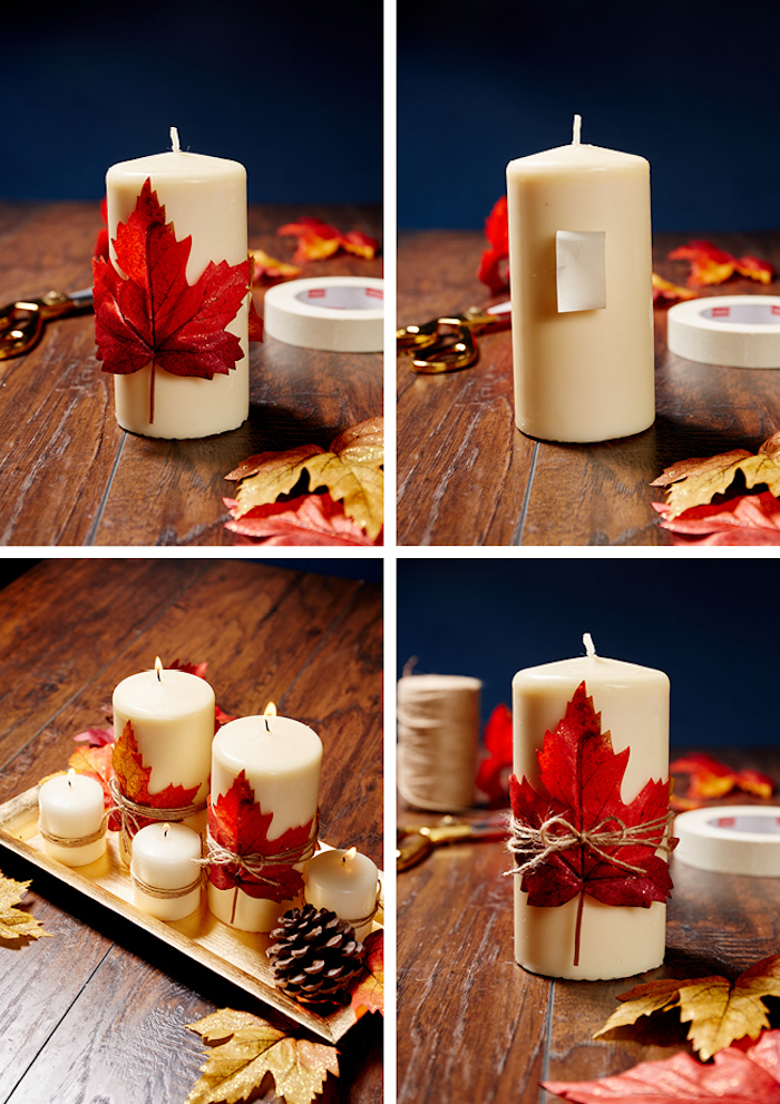 composition decorative de bougies, décorées de feuille morte et ficelle dans un plateau abec bougies et pommes de pin, bricolage automne