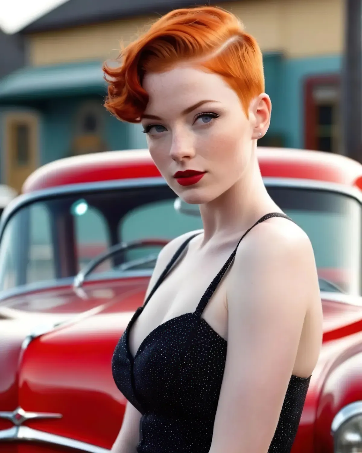 voiture retro rouge en arriere femme en tenue noire coupe pixie avec frange sur le cote