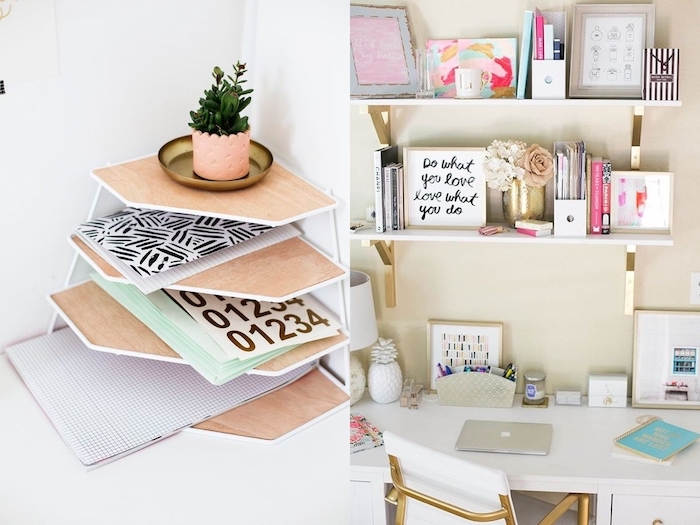 materiel de bureau, meuble de travail en blanc et or, cadre photo avec posters inspirants