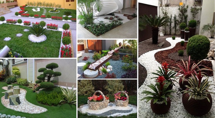bordures jardin, décoration extérieur avec gazon synthétique et cailloux blancs, panier pot à fleurs diy en pierres