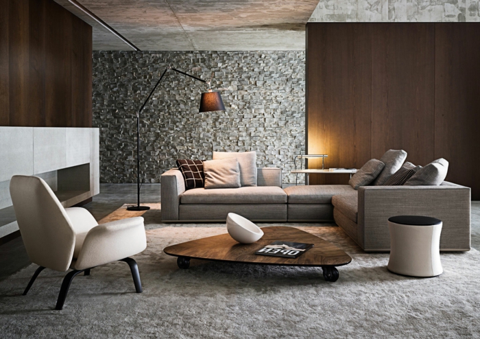 idée déco salon, sofa moderne, table basse en bois, lampe de sol, canaé gris d'angle