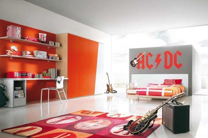 meuble chambre enfant, carrelage de sol et murs peints en blanc, meubles en bois peints en rouge et blanc