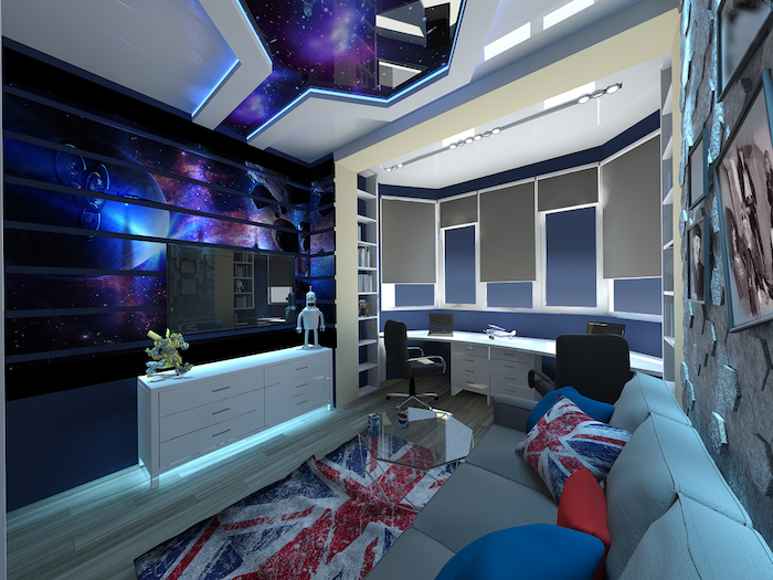intérieur d'inspiration univers, canapé en gris avec coussins décoratifs à design anglais