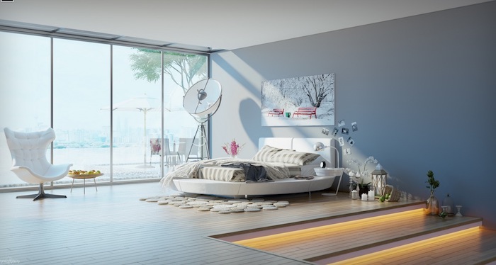 chambre gris et blanc avec parquet clair, mur gris, lit rond blanc, accessoires decoratifs zen cocooning