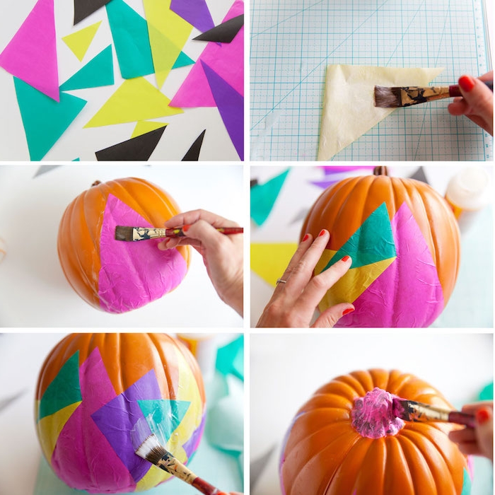idée découpage avec des bouts de papier coloré en triangles à coller sur une citrouille halloween orange, activite manuelle facile