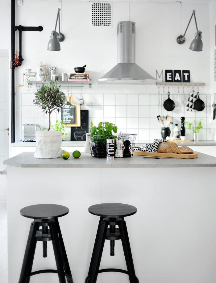 cuisine au design moderne scandinave en noir et blanc et aux accents typiques pour la deco industriels 