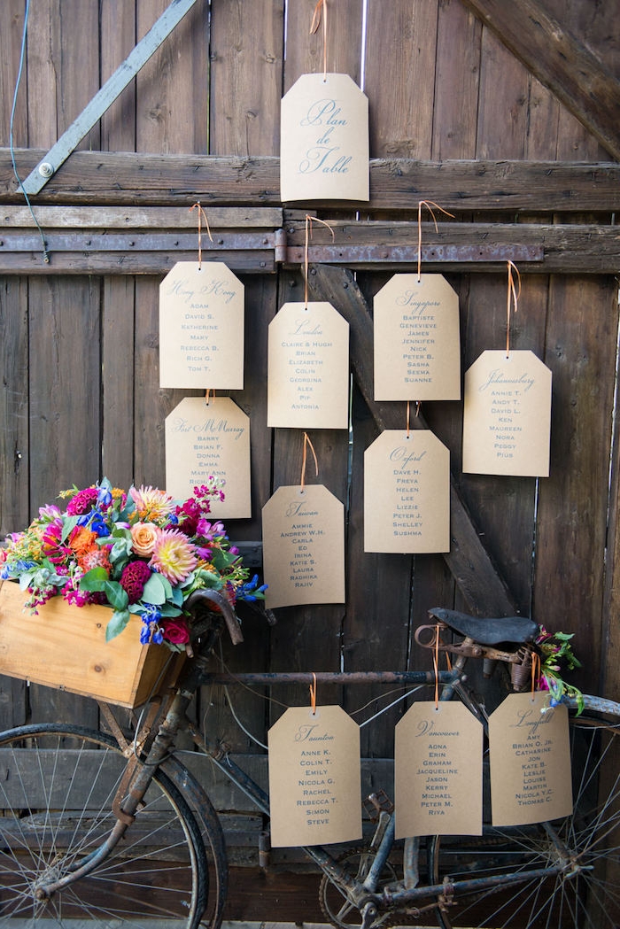 exemple de deco mariage champetre, velo, bicyclette vintage avec des étiquettes vélo, oanier en bois avec des fleurs dedans, portes en bois