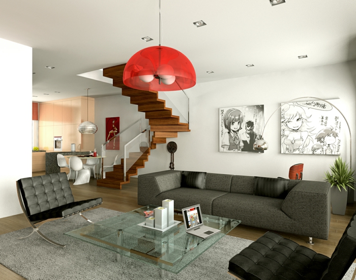 deco salon moderne, sofa gris contemporain, plafonnier rouge, tapis gris clair, table basse en verre