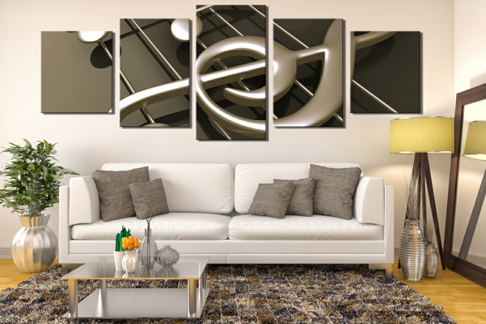 deco salon zen, tapis patchwork, petite table basse, tableau décoratif moderne, canapé blanc contemporain