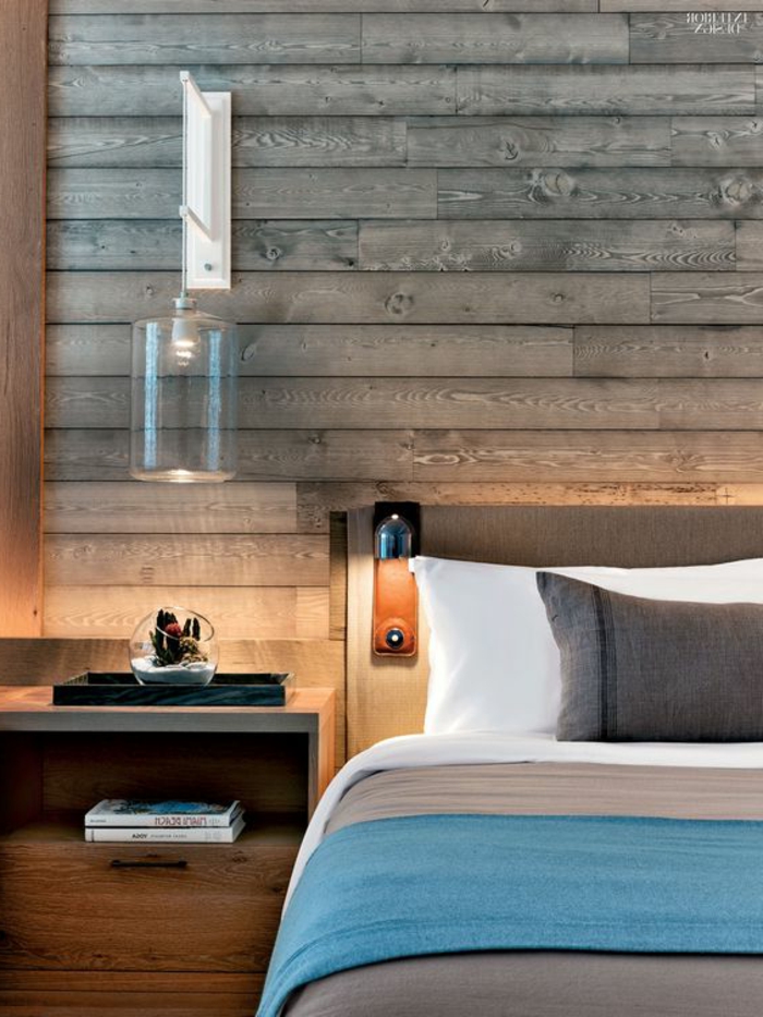 deco de chambre avec bois gris clair ambiance chalet de montagne avec luminaire en verre transparent en forme de bocal