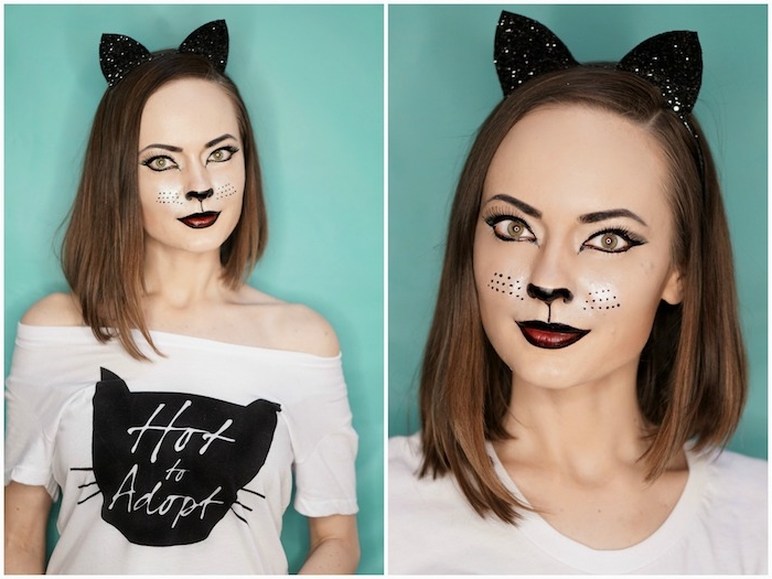 déguisement halloween femme fait maison, tee-shir blanc avec silhouette de chat, oreilles de chat noirs, maquillage museau, moustaches