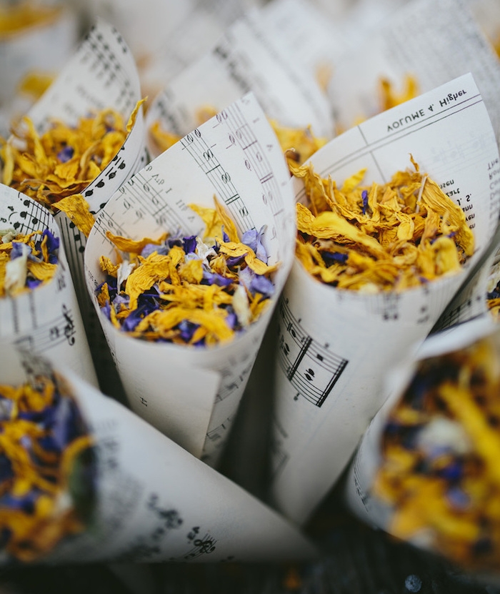 cornets de feuilles de papier notes musicales avec des pétales de fleurs violettes et jaunes séchées