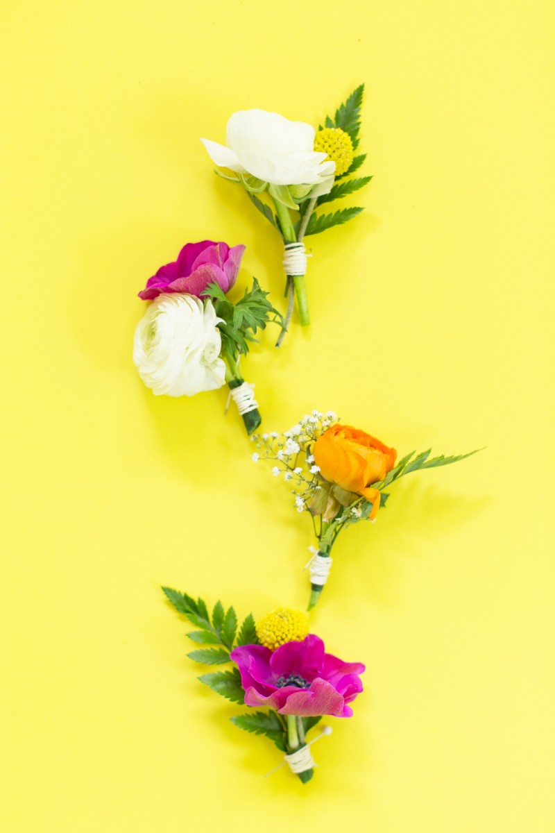 diy mariage projet simple, fabriquer une boutonniere, constitué de brins de fleurs, ruban fleuriste et ficelle
