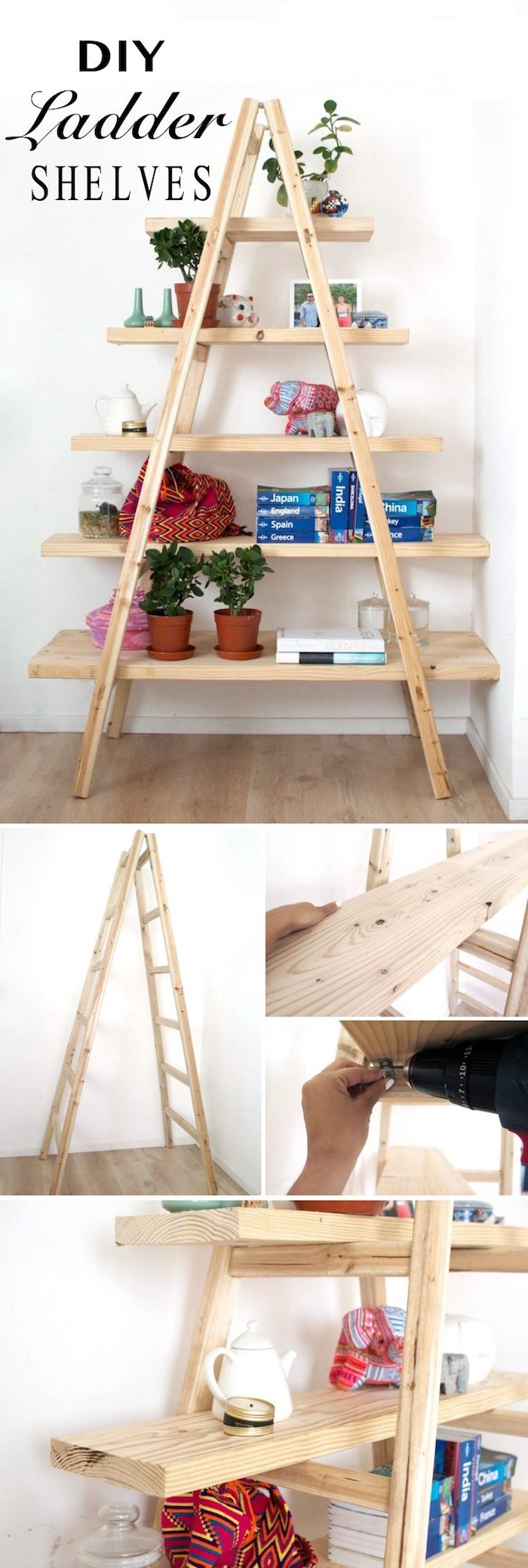 idée comment installer des étagères sur une échelle en bois, tuto technique pour fabriquer une echelle etagere