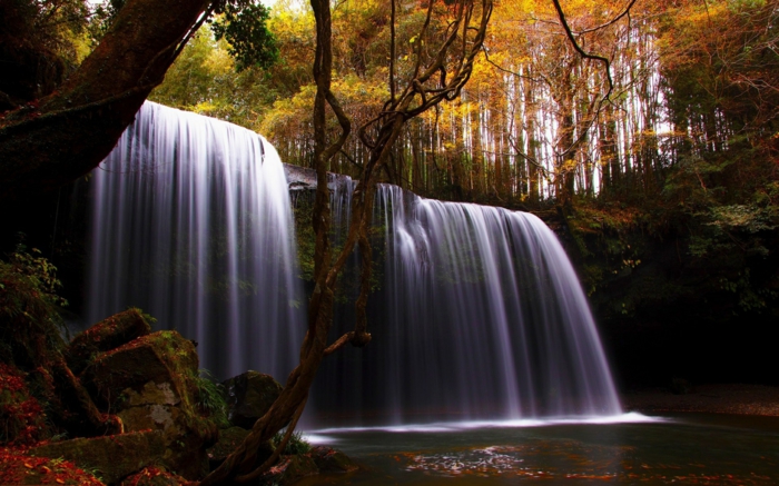 fond d'écran gratuit automne, chute d'eau magnifique dans une forêt magique