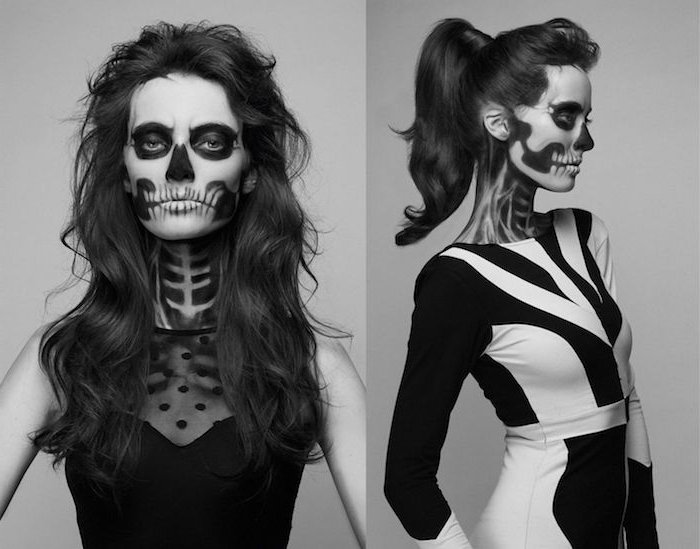 déguisement femme halloween, robe élégante noire et noir et blanc, visage traits de squelette noir et blanc, dessign terrifiant graphique