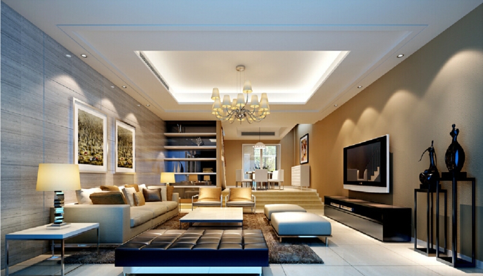 idee deco salon cocooning, faux plafond lumineux avec plafonnier baroque, tapis moderne, carrelage aspect bois clair