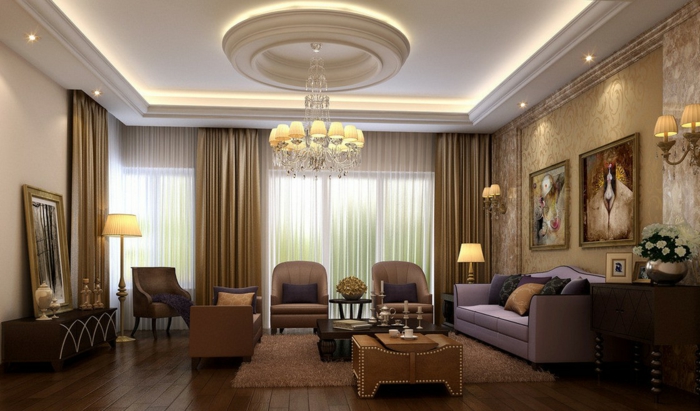 idee deco salon cocooning, tapis moelleux beige, plafond suspendu, plafonnier magnifique, salon de style baroque, chaises beiges