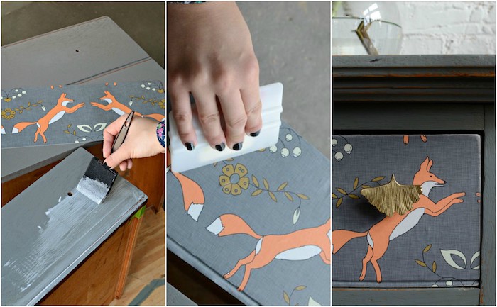 idée comment decorer un meuble avec du papier peint, motif renard sur un commode vintage gris, technique effet patine