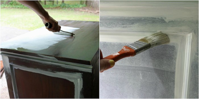 comment peindre un meuble en bois, peinture blanche, deux couches pour créer une patine sur un commode vintage
