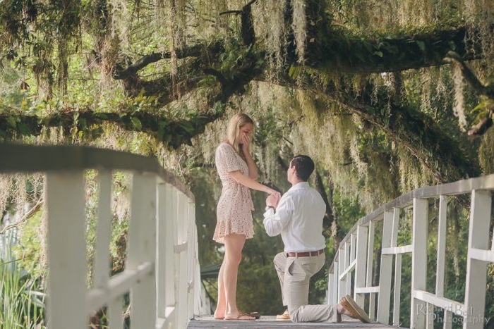 idée de demande en fiancaille, un pont blanc, avec des arbres verts suspendus, femme robe élégante et homme