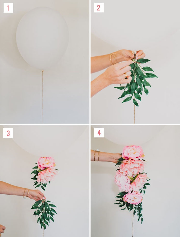 deco mariage a faire soi meme, un ballon blanc avec queue fleurie de pivoines et branches feuillies, tutoriel bricolage facile