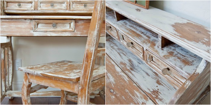 exemple de meuble patiné, bureau et chaise repeinte de peinture blanche avec bois à la surface