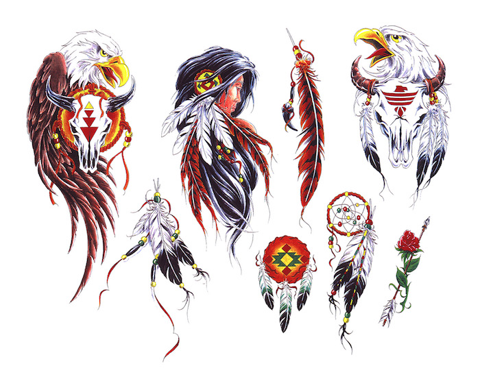 tatouage indien, modèles de dessins en couleurs à design amérindien, dessin homme indien aux cheveux longs avec plumes blanc et rouge