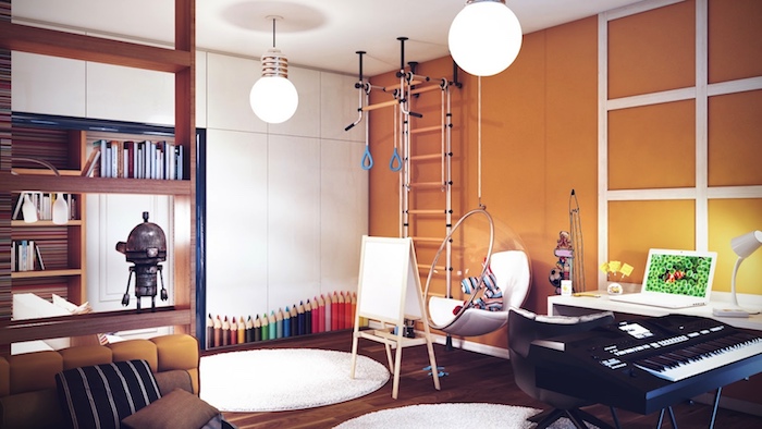 deco interieur, meubles en bois foncé, échelle décorative en bois, lampes suspendues style industriel