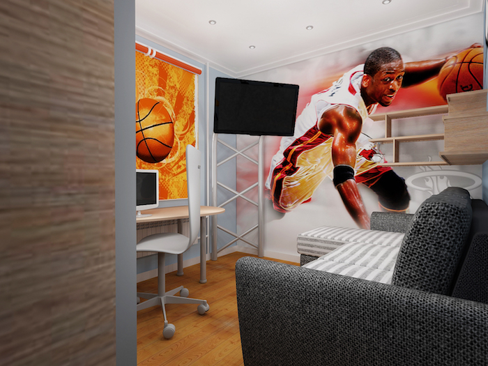 idee deco chambre garcon, sticker murale d'inspiration sportive NBA, bureau et revêtement de sol en bois