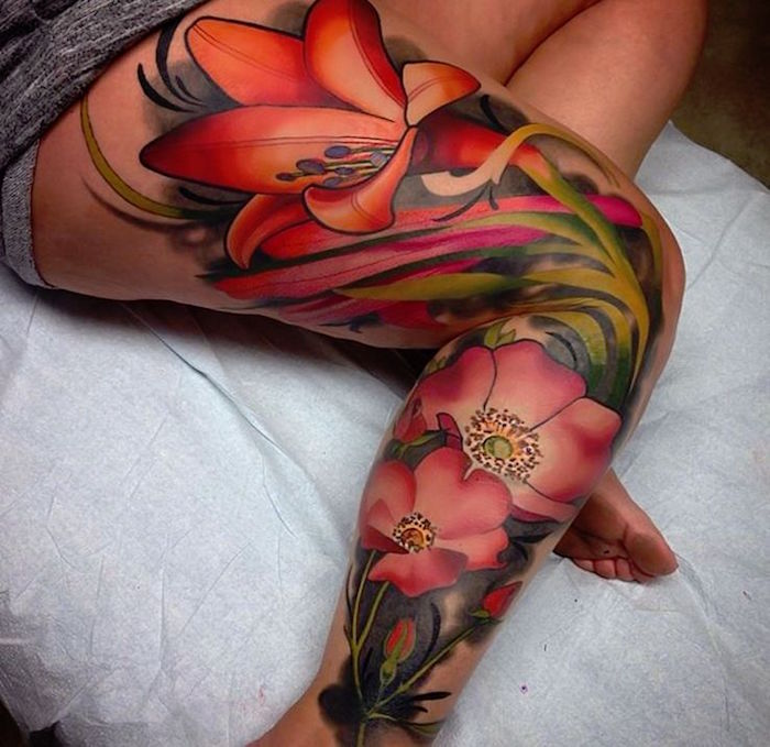 tatouage fleurs jambe femme tattoo couleurs tibia