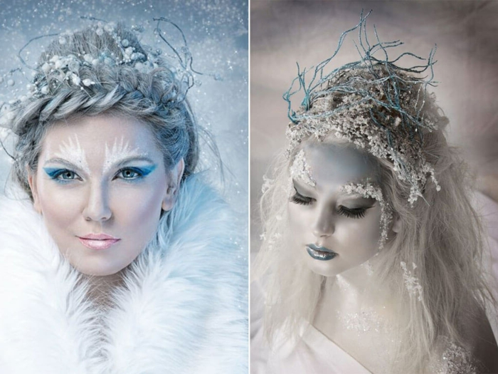 la reine de neige, col fourrure blanche, coiffure tresse couronne, couronne de fil tordu