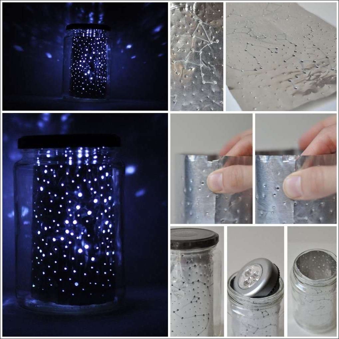 idée originale pour une lampe a poser constellation réalisée avec une feuille alu et un bocal en verre recyclé