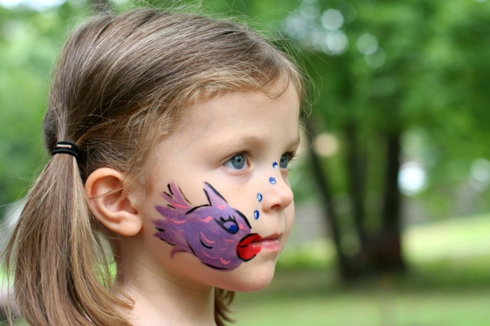 maquillage carnaval, dessin sur visage poisson lilas avec grandes lèvres rouges