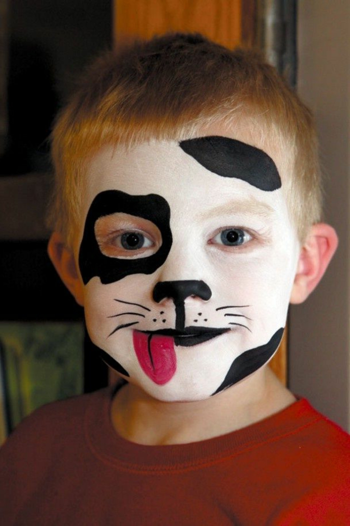 maquillage halloween garcon, peinture pour le visage tête de chien, petit garçon