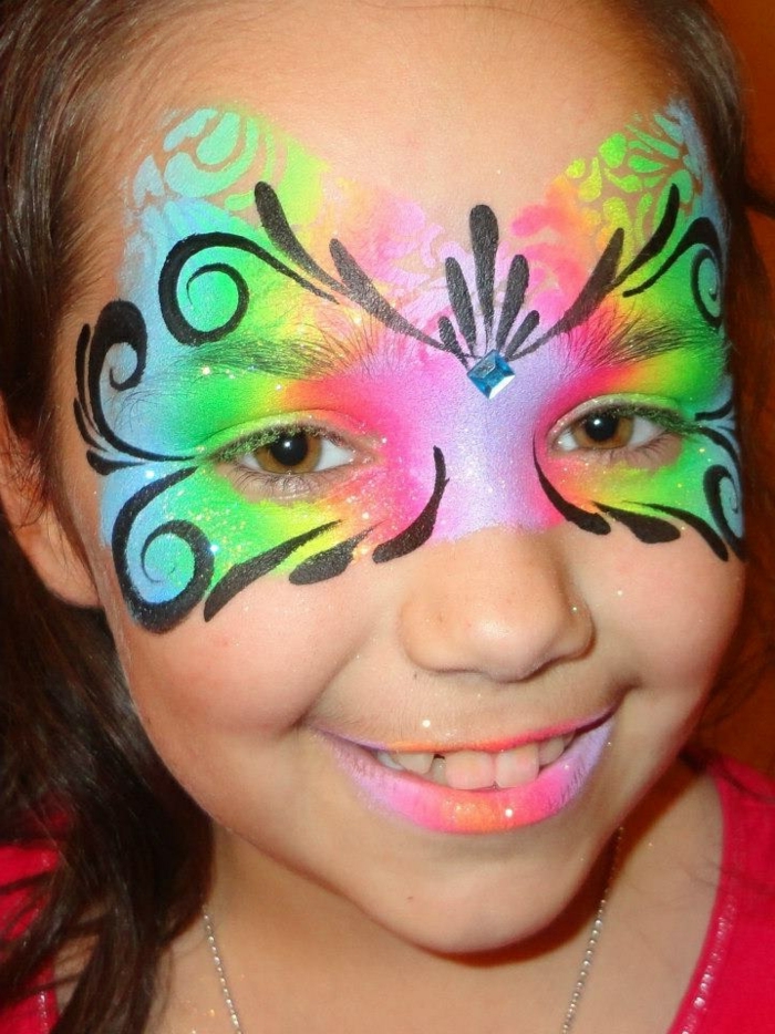 maquillage papillon, des ailes de papillon en couleurs vitaminées, visage aux couleurs de l'arc en ciel