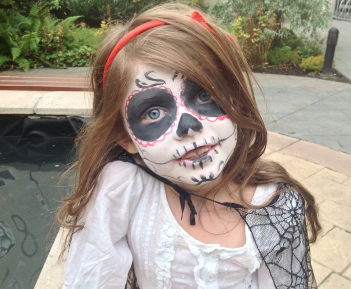 maquillage pour petite fille, déguisement terrifiant halloween tête de mort, cercles noirs autour des yeux