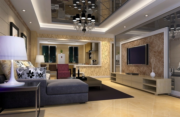 meubles contemporains, sol beige, tapis noir, plafonnier baroque, faux plafond lumineux, salon beige et gris