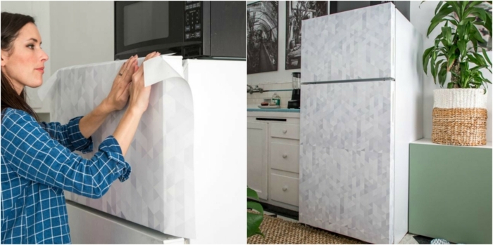 papier peint autocollant pour relooker son frigo, idée comment renover sa cuisine à moindre coût