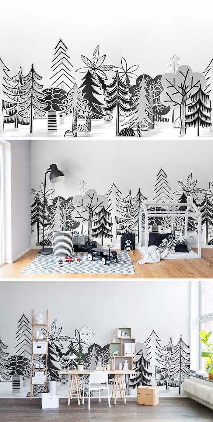 papier peint enfant style scandinave, forêt avec arbres à silhouettes noires sur un fond blanc, lit cabane en bois, bureau bois scandinave