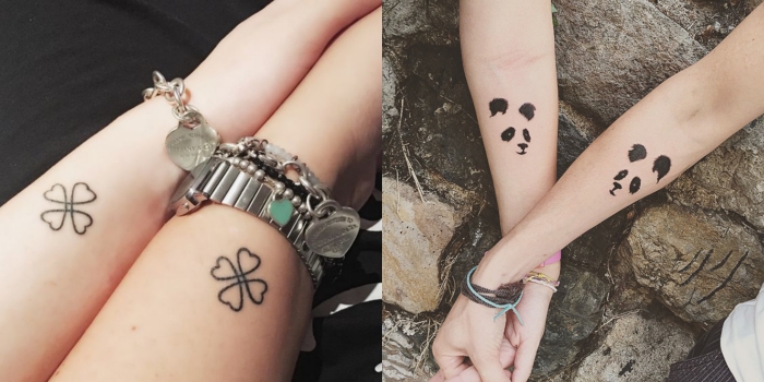 motif tatouage, art corporel en encre sur les mains, tatouage féminine à design panda et trefoil