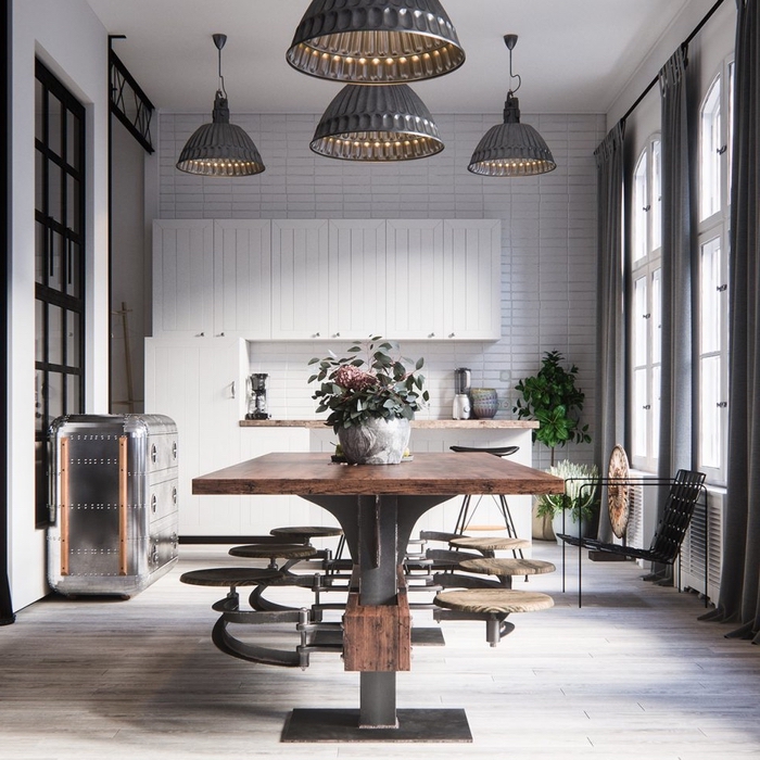 cuisine ouverte associant le design contemporain tout en blanc avec des meubles industriels esprit atelier