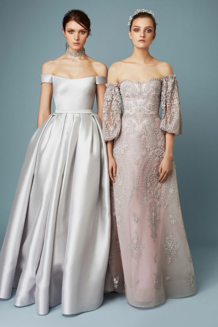 tenue pour mariage et robe de cérémonie femme en lila et blanc irisé avec des épaules tombantes