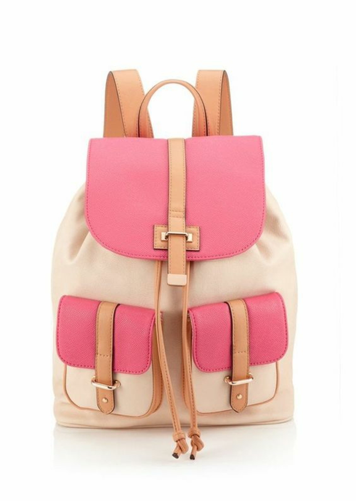 sac a dos vintage en couleurs bonbon pastels rose et blanc crème pratique avec deux grandes poches devant 